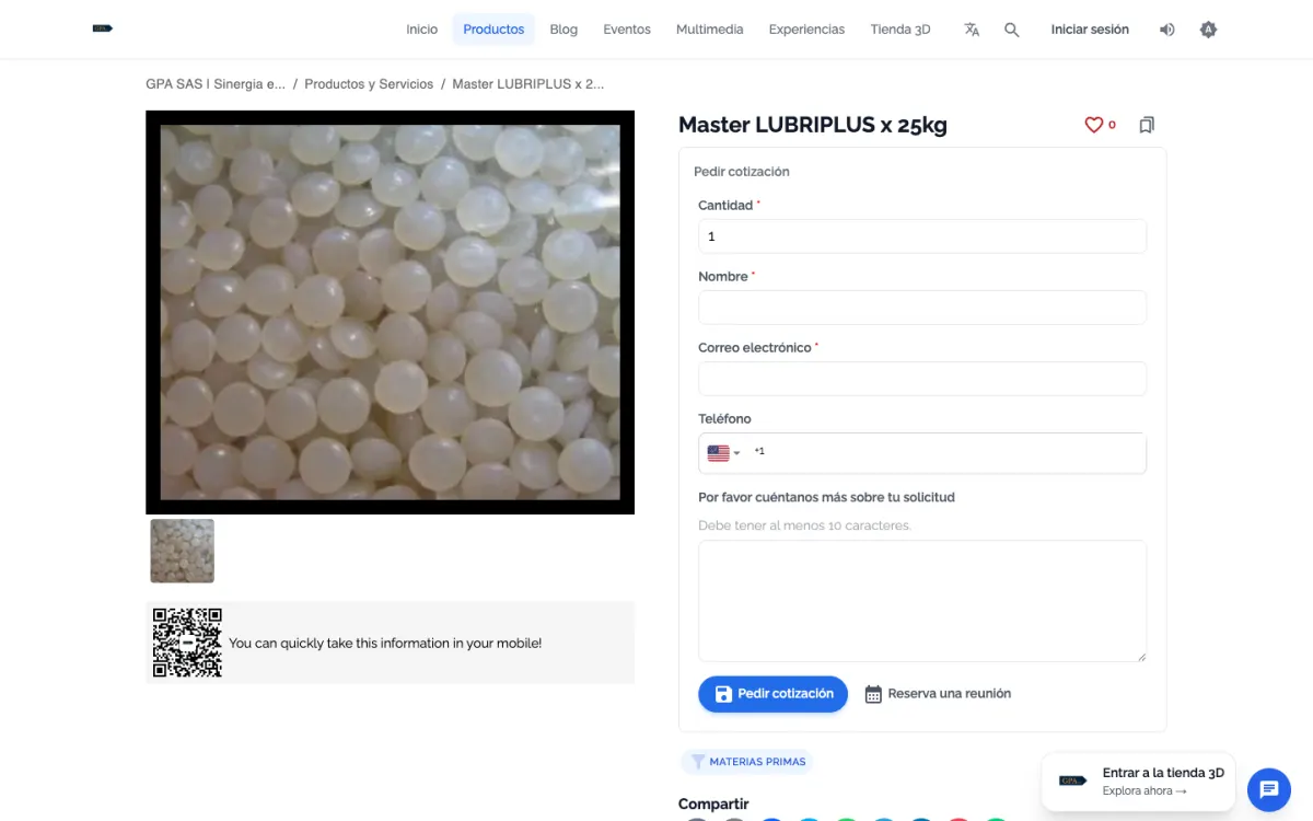 Quote request form on a product