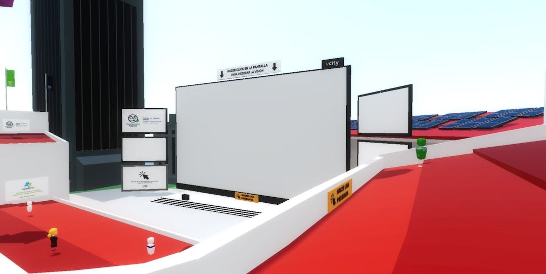 3D Webinar theater with buildings and solar pannels as background | vcity.io
