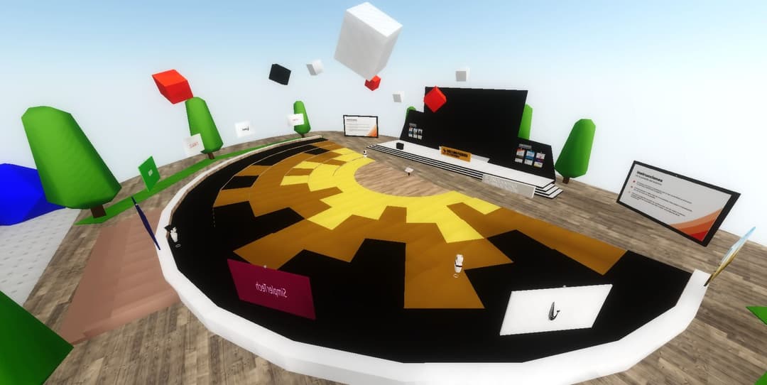 Une théâtre de webinars créé pour une entreprise où ils ont personnalisé leur scène avec des arbres, des écrans interactifs et en utilisant les couleurs corporatives dans le gradins. | vcity.io